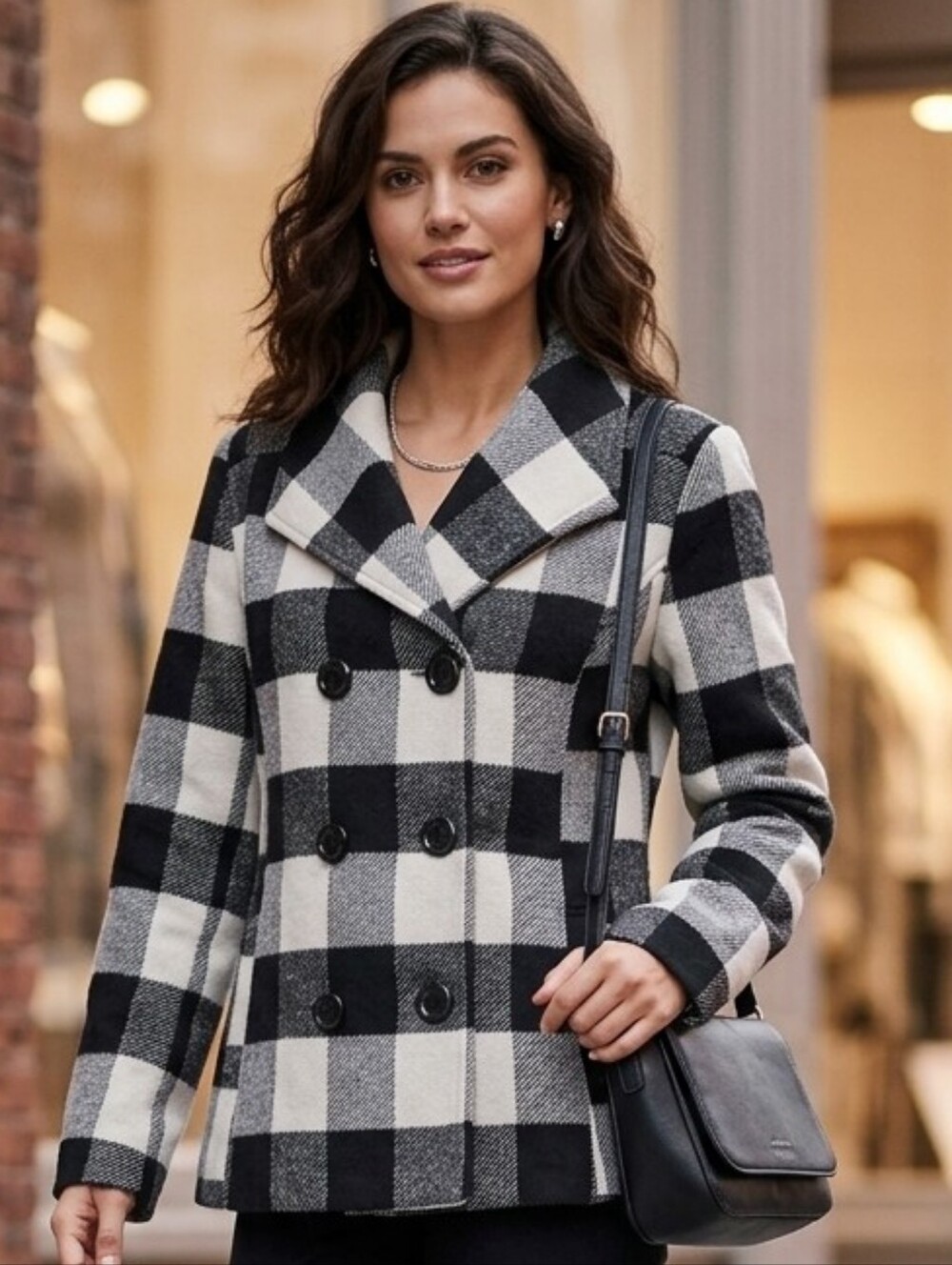 Rampage Womens Black & White Buffalo Checkered  Double-Breasted Pea Coat Size XL
